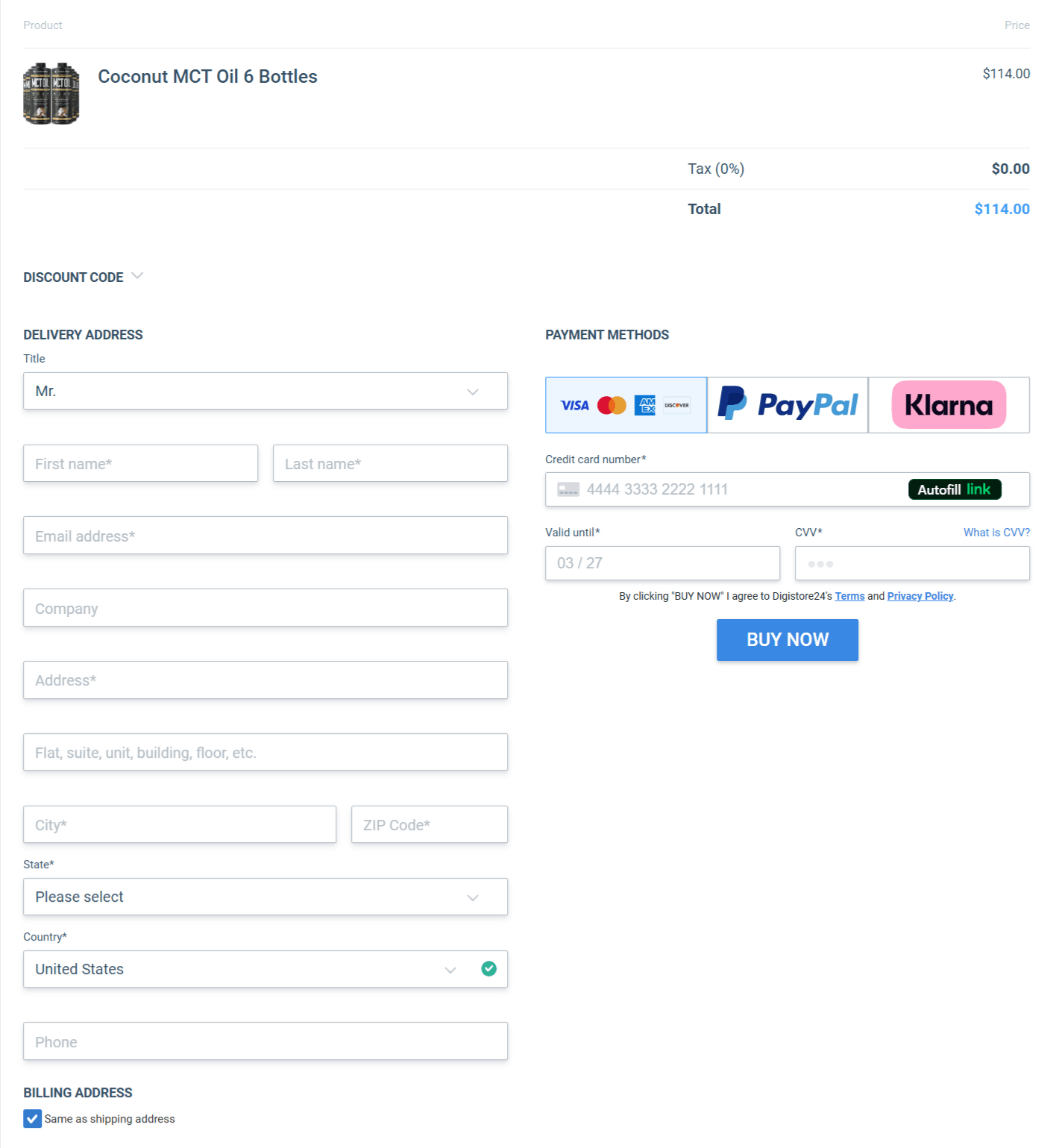 MCT Oil checkout page